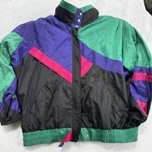 Vintage Andy Johns Jacket Womens Medium Black Purple Green Nylon Windbreaker 90s